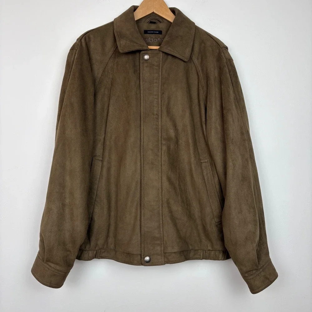 Claiborne Men Jacket L Brown Sueded Finish Full Zip Bomber Harrington Minimalist